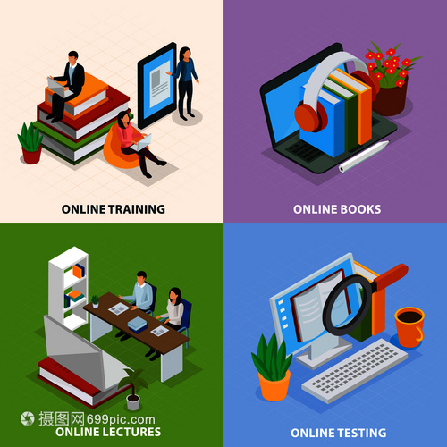 線教育等距理念,網(wǎng)絡(luò)培訓,電子書籍,互聯(lián)網(wǎng)講座,知識測試孤立矢量插圖線教育等距