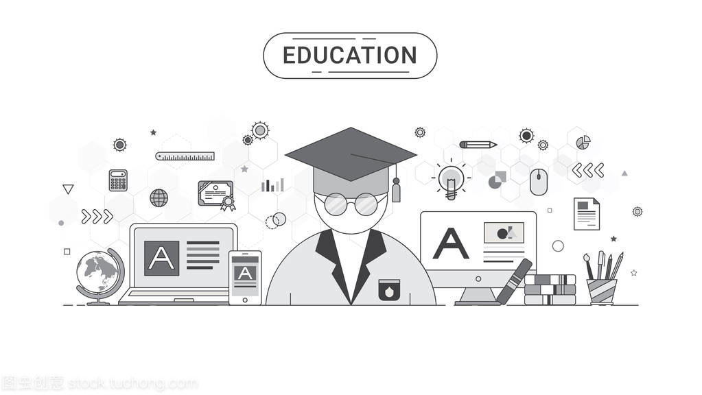 教育信息圖表概念。學生和教育圖標平線條樣式創建的矢量